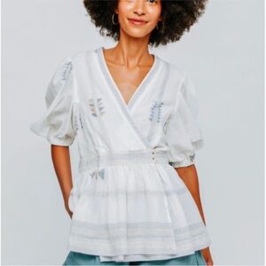 MIRTH - Krabi White Puff Sleeve Wrap Blouse with Peplum Style